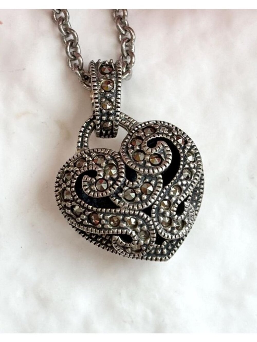 Art Deco Heart Shaped Marcasite Sterling Silver 925 Vintage Pendant Necklace